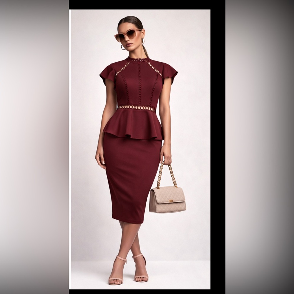 Bisou Bisou Burgundy Peplum Dress | Peekaboo Eyelet Trim | Bodycon Midi